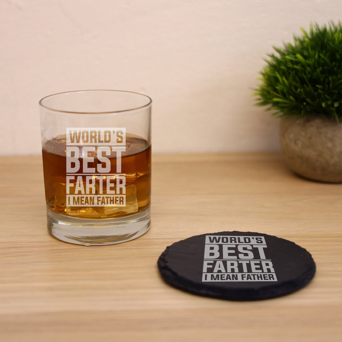 "Worlds Best Farter I Mean Father" Father’s Day Whisky Glass and/or Coaster Set - Always Looking Good - - Glass & Round Coaster