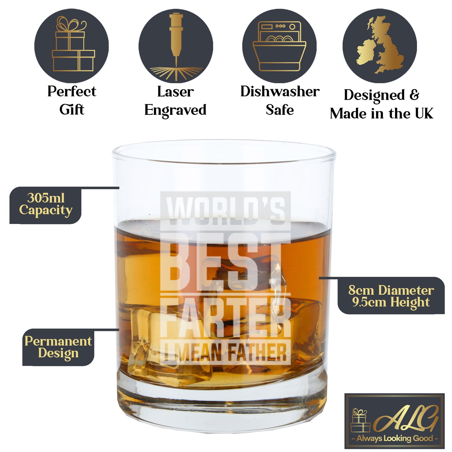 "Worlds Best Farter I Mean Father" Novelty Engraved Whisky Glass and/or Coaster Set - Always Looking Good - Glass Only