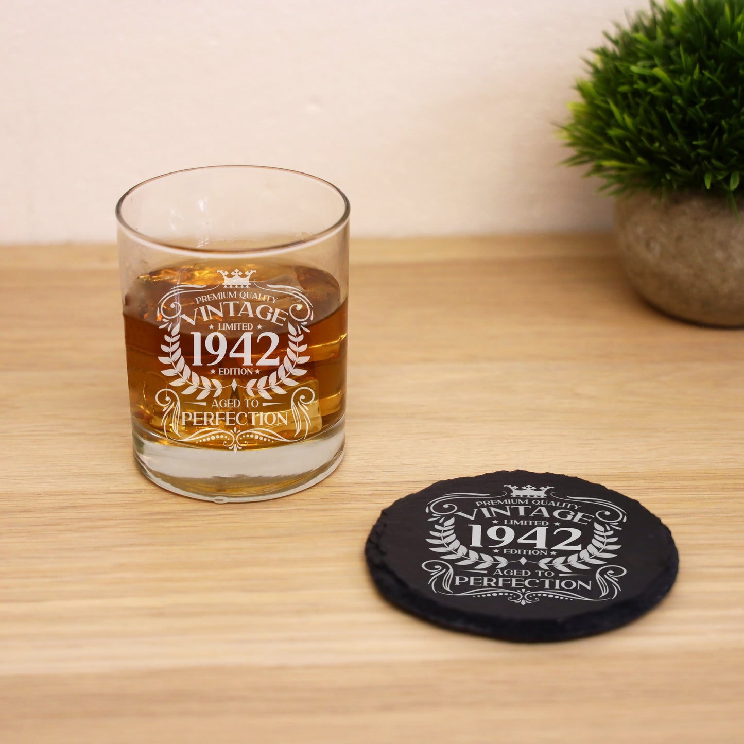 Vintage Any Year All Ages Engraved Birthday Whisky Glass and/or Coaster Set - Always Looking Good -