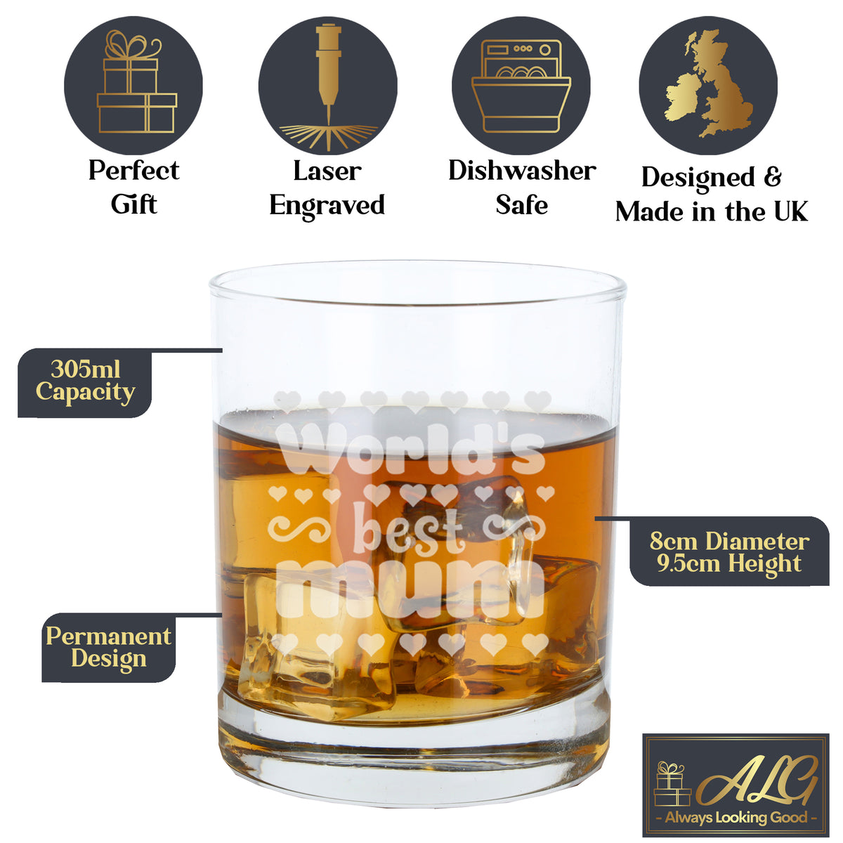 Mum Gift Set - “Worlds Best Mum Engraved” Engraved Whisky Glass & Coaster - Always Looking Good -