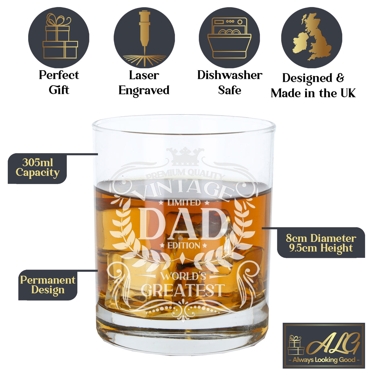 Vintage World's Greatest Dad Engraved Whisky Glass - Always Looking Good -