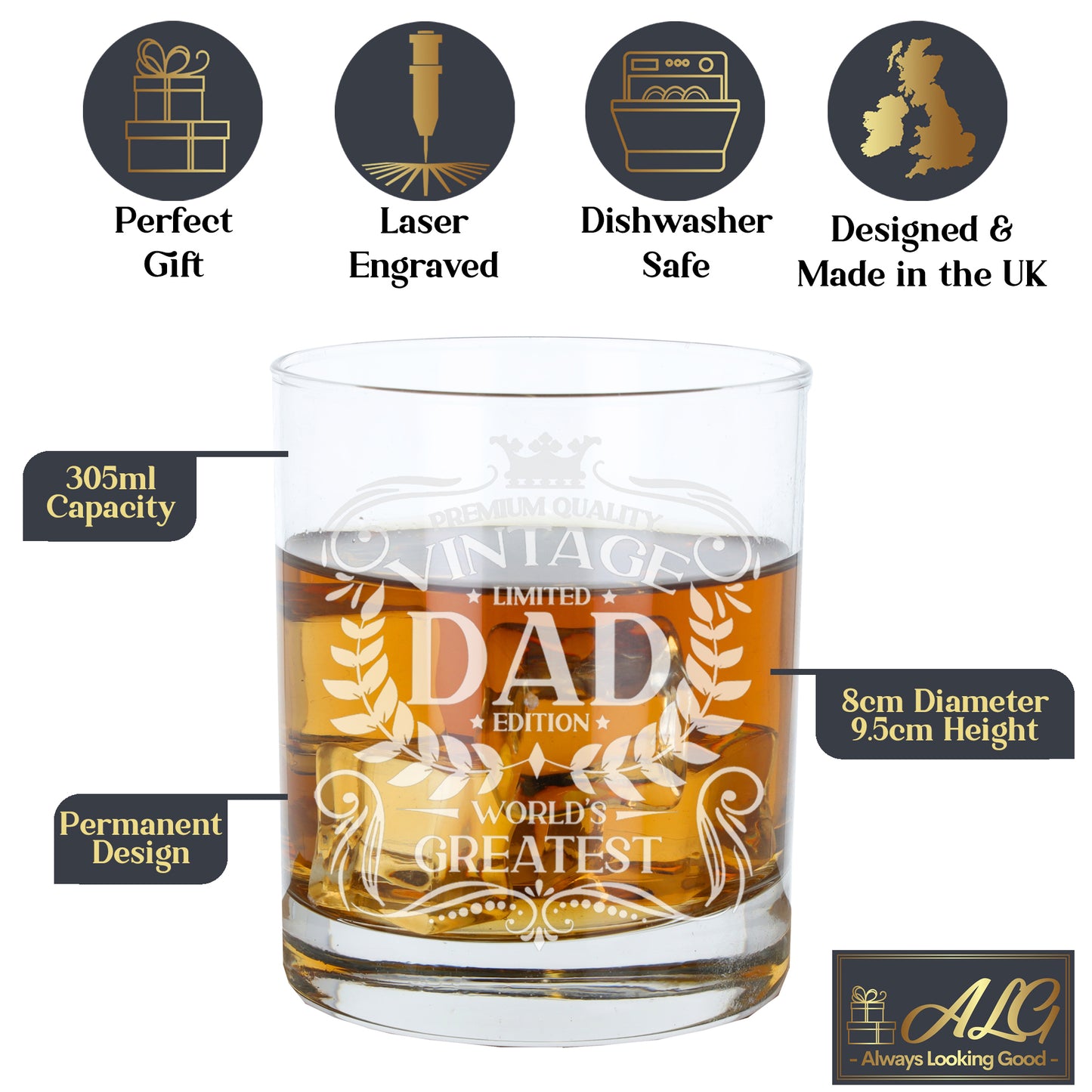 Vintage World's Greatest Dad Engraved Whisky Glass - Always Looking Good -