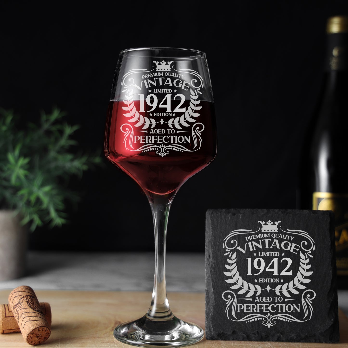 Vintage Any Year All Ages Engraved Birthday Wine Glass and/or Coaster Set - Always Looking Good -