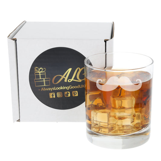 Funny Gift for Men Moustache Engraved Whisky Glass and/or Coaster Set - Always Looking Good -