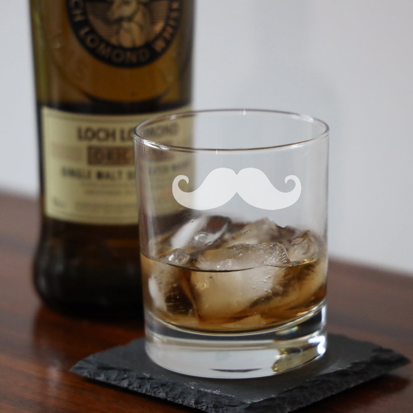 Funny Gift for Men Moustache Engraved Whisky Glass and/or Coaster Set - Always Looking Good -