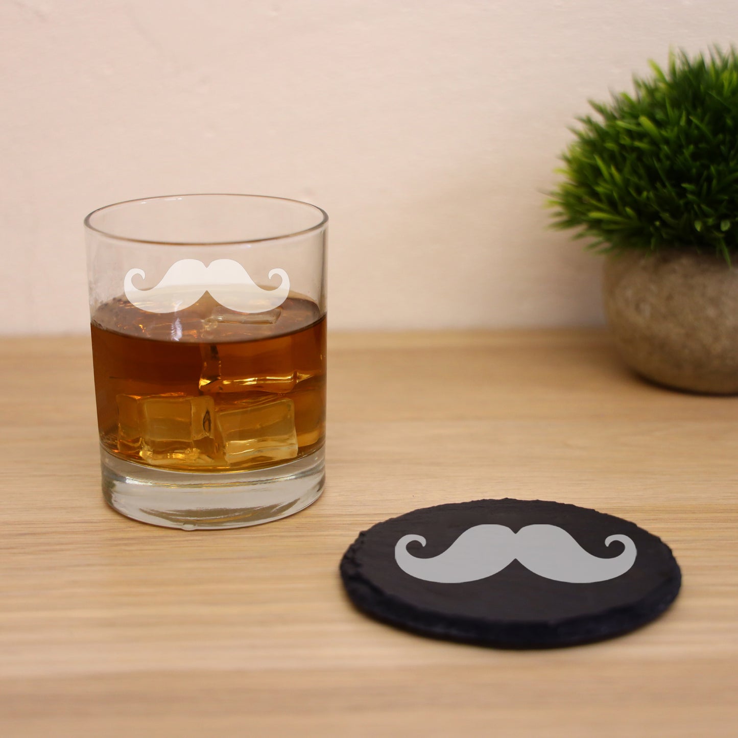Funny Gift for Men Moustache Engraved Whisky Glass and/or Coaster Set - Always Looking Good -