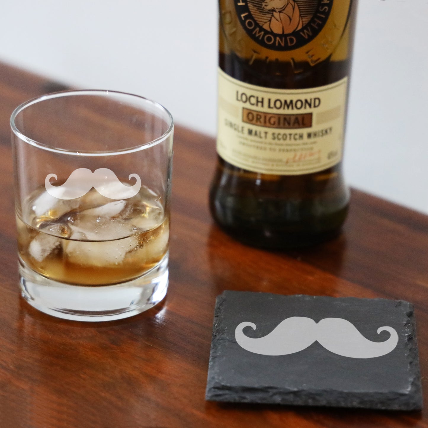 Funny Gift for Men Moustache Engraved Whisky Glass and/or Coaster Set - Always Looking Good -