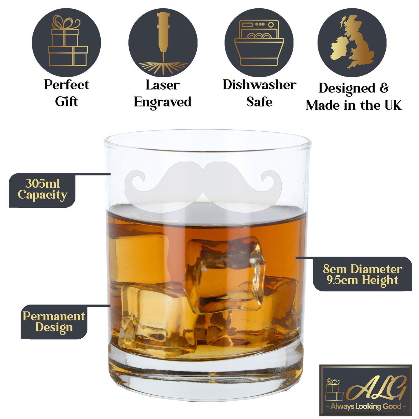 Funny Gift for Men Moustache Engraved Whisky Glass and/or Coaster Set - Always Looking Good -