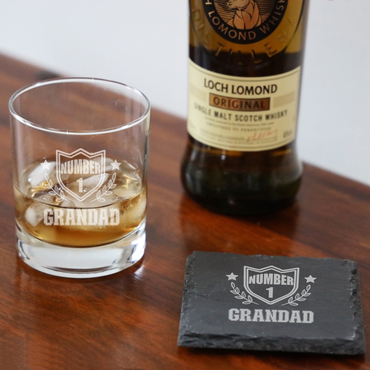Engraved "Number 1 Grandad" Whisky Glass and/or Coaster Set - Always Looking Good -