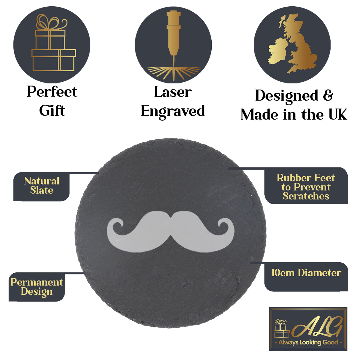 Funny Gift for Men Moustache Engraved Whisky Glass and/or Coaster Set - Always Looking Good -