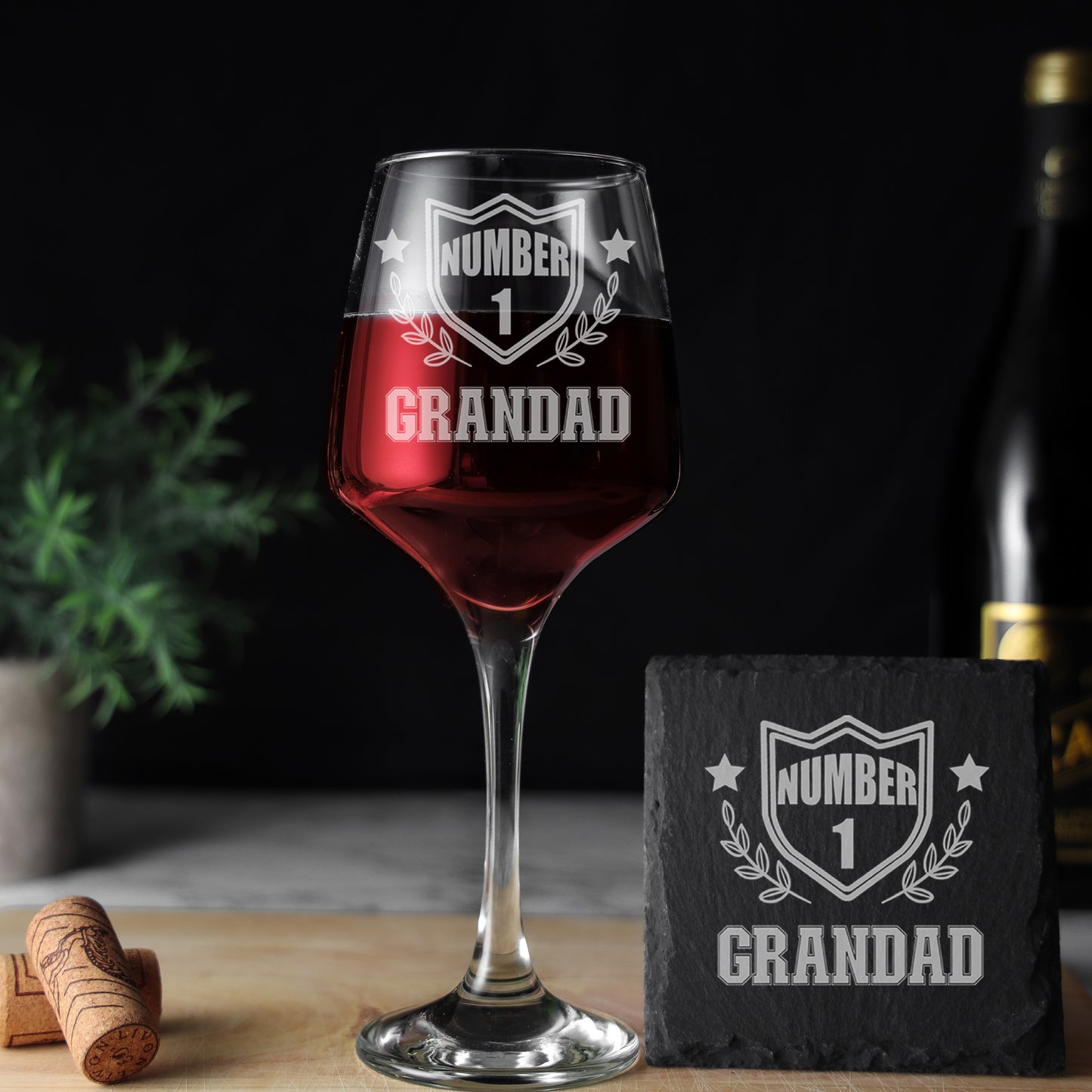 Engraved "Number 1 Grandad" Wine Glass and/or Coaster Set - Always Looking Good -