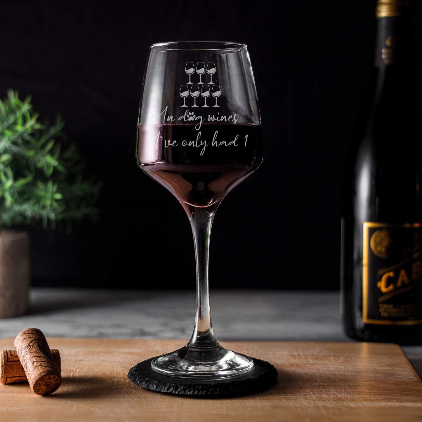 Engraved "In Dog Wines I've Only Had 1" Design Wine Glass and/or Coaster Gift - Always Looking Good - Glass Only