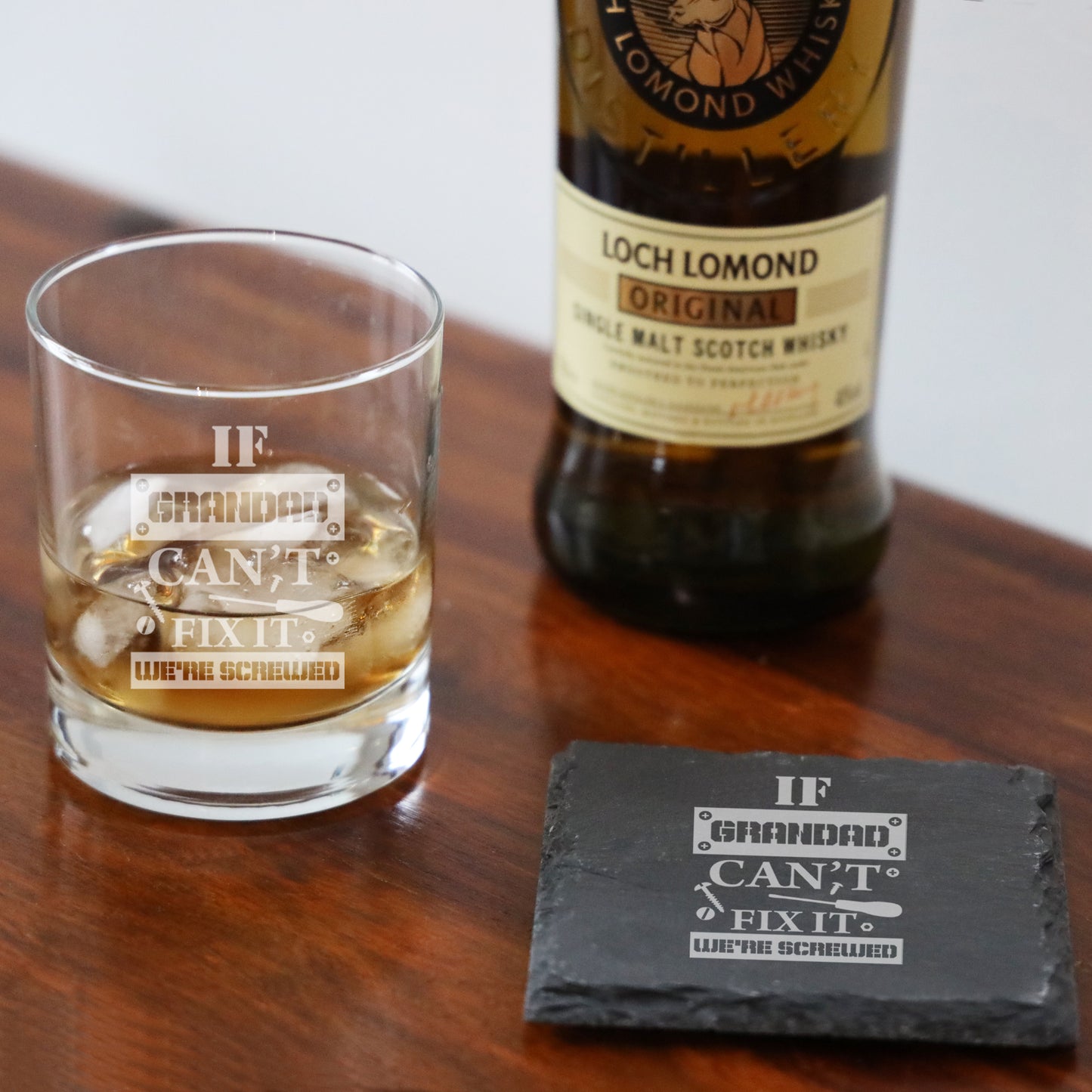Engraved "If Grandad Can't Fix It We're Screwed " Novelty Whisky Glass and/or Coaster Set - Always Looking Good -