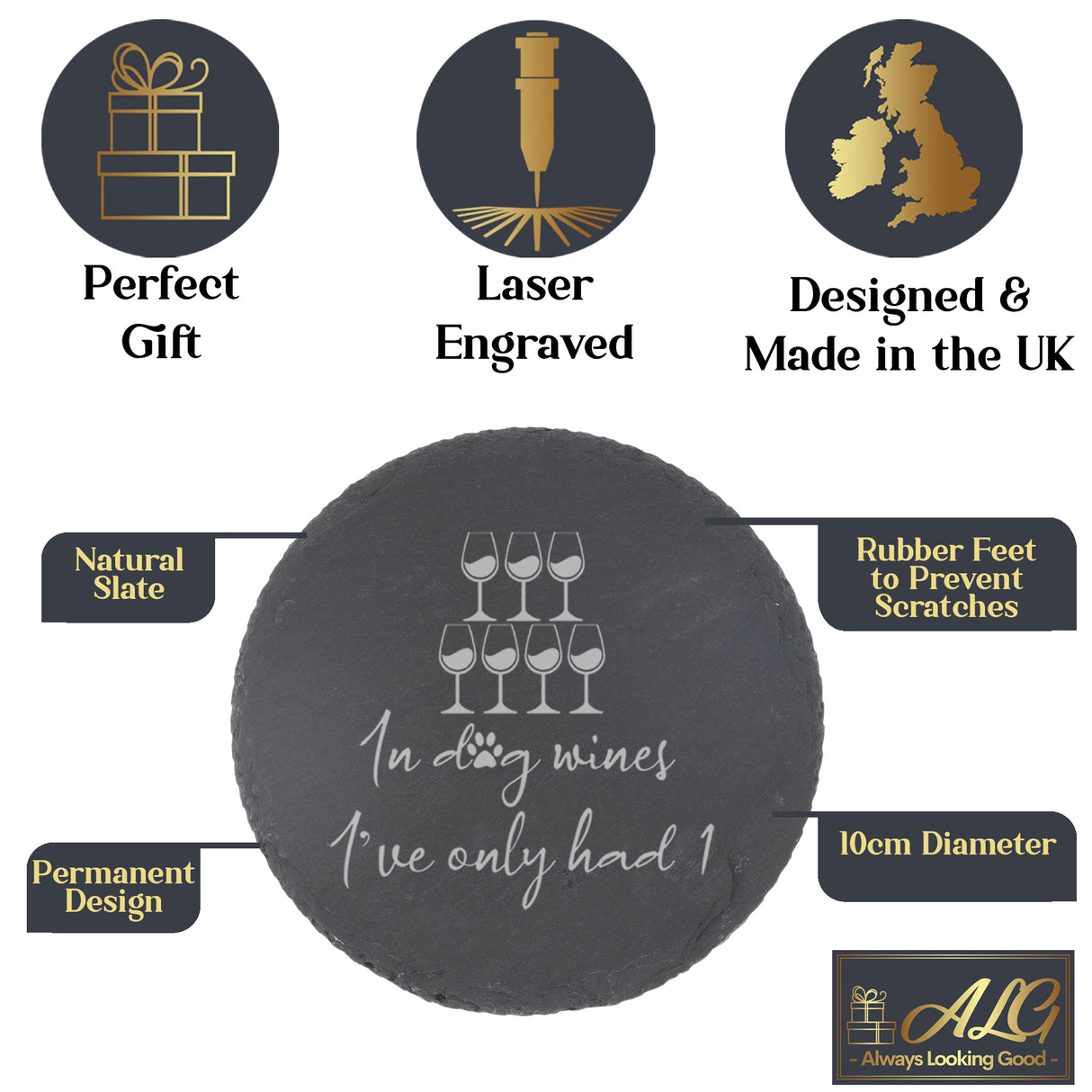 Engraved "In Dog Wines I've Only Had 1" Design Wine Glass and/or Coaster Gift - Always Looking Good -