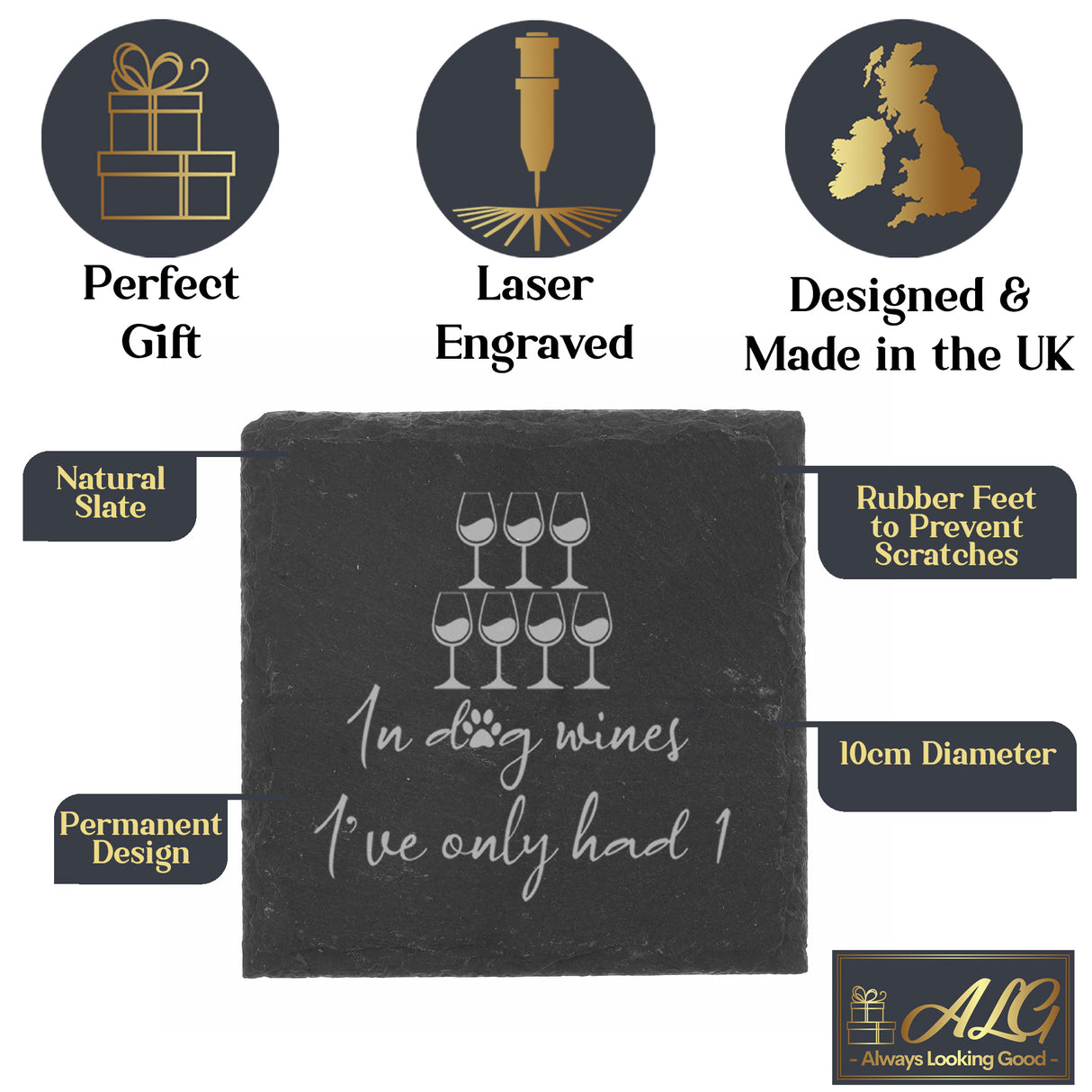 Engraved "In Dog Wines I've Only Had 1" Design Wine Glass and/or Coaster Gift - Always Looking Good -