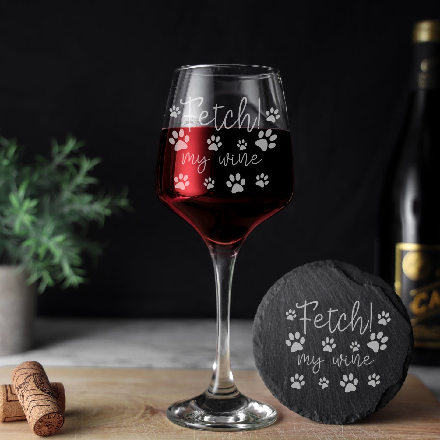 "Fetch My Wine" Design Engraved Wine Glass and/or Coaster Gift - Always Looking Good -