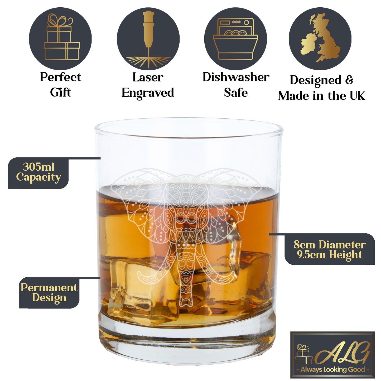 Engraved Elephant Mandala Whisky Glass and/or Coaster Set - Always Looking Good -