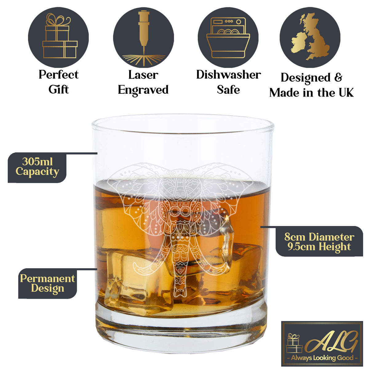 Engraved Elephant Mandala Whisky Glass and/or Coaster Set - Always Looking Good -