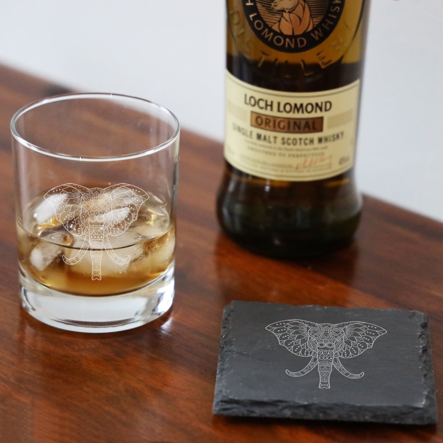 Engraved Elephant Mandala Whisky Glass and/or Coaster Set - Always Looking Good - Glass & Square Coaster