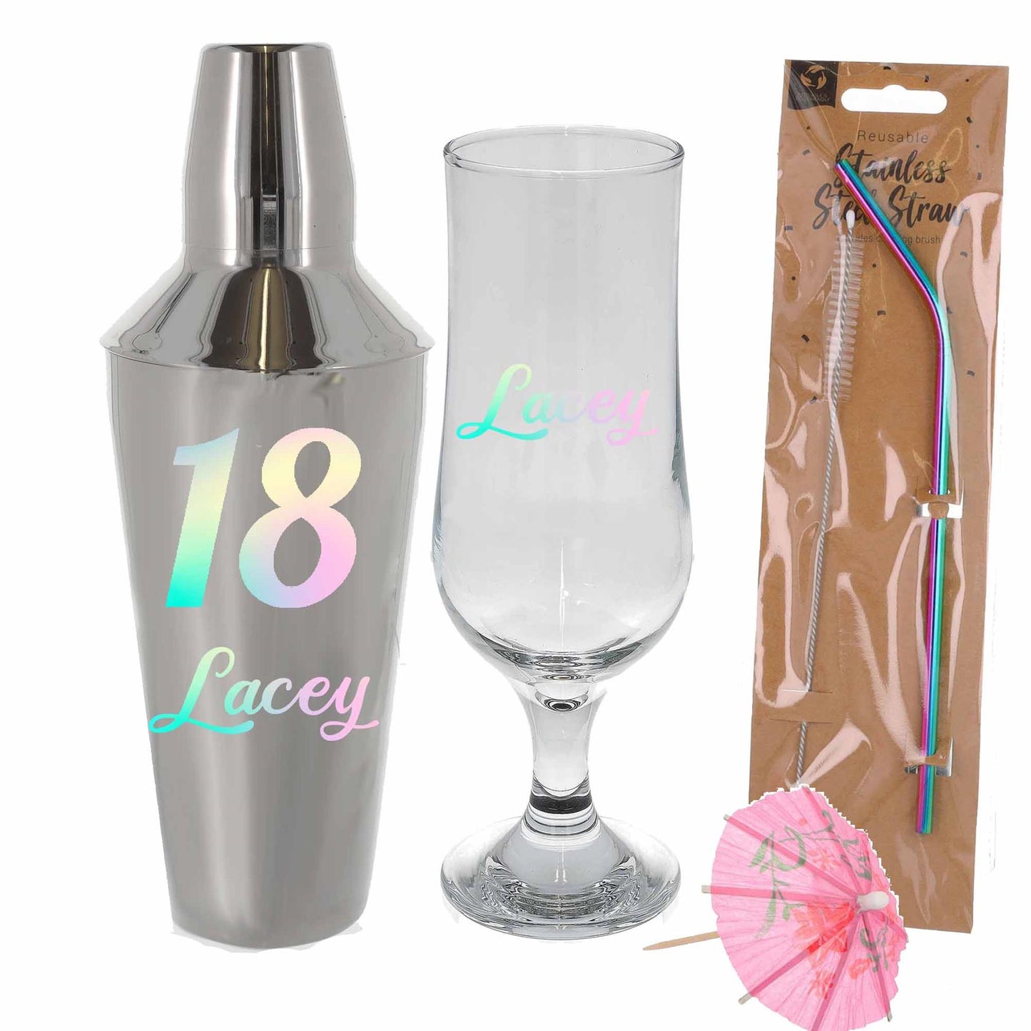 Personalised 18th Birthday Cocktail Shaker & Pina Colada Glass Gift Set - Always Looking Good - Full Set