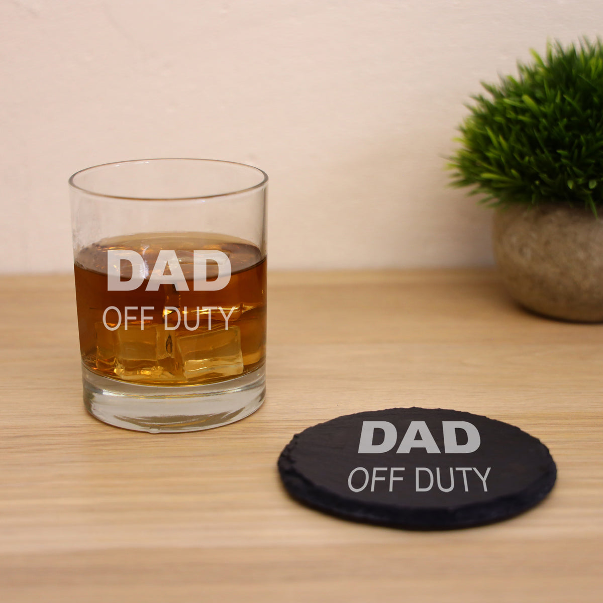 Engraved "Dad Off Duty" Novelty Whisky Glass and/or Coaster Set - Always Looking Good -