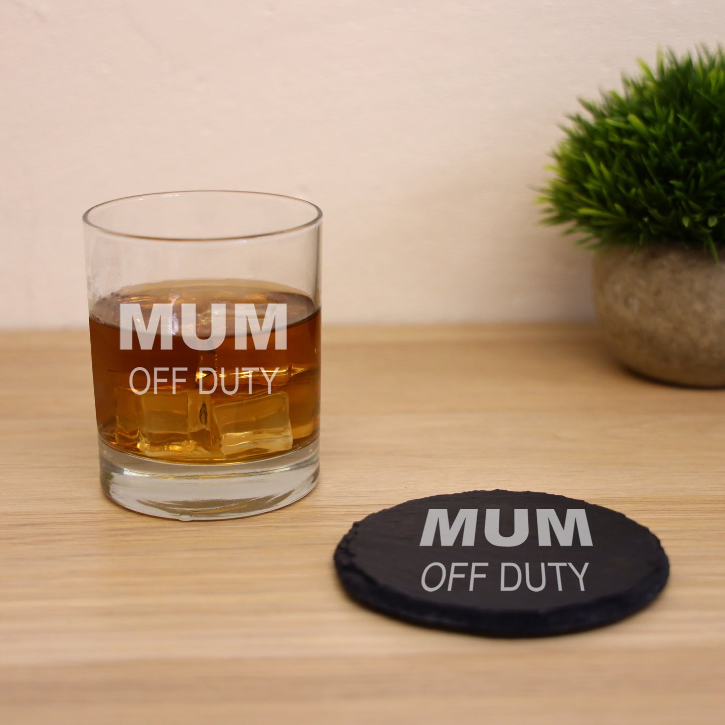"Mum Off Duty" Novelty Engraved Whisky Glass and/or Coaster Set - Always Looking Good -