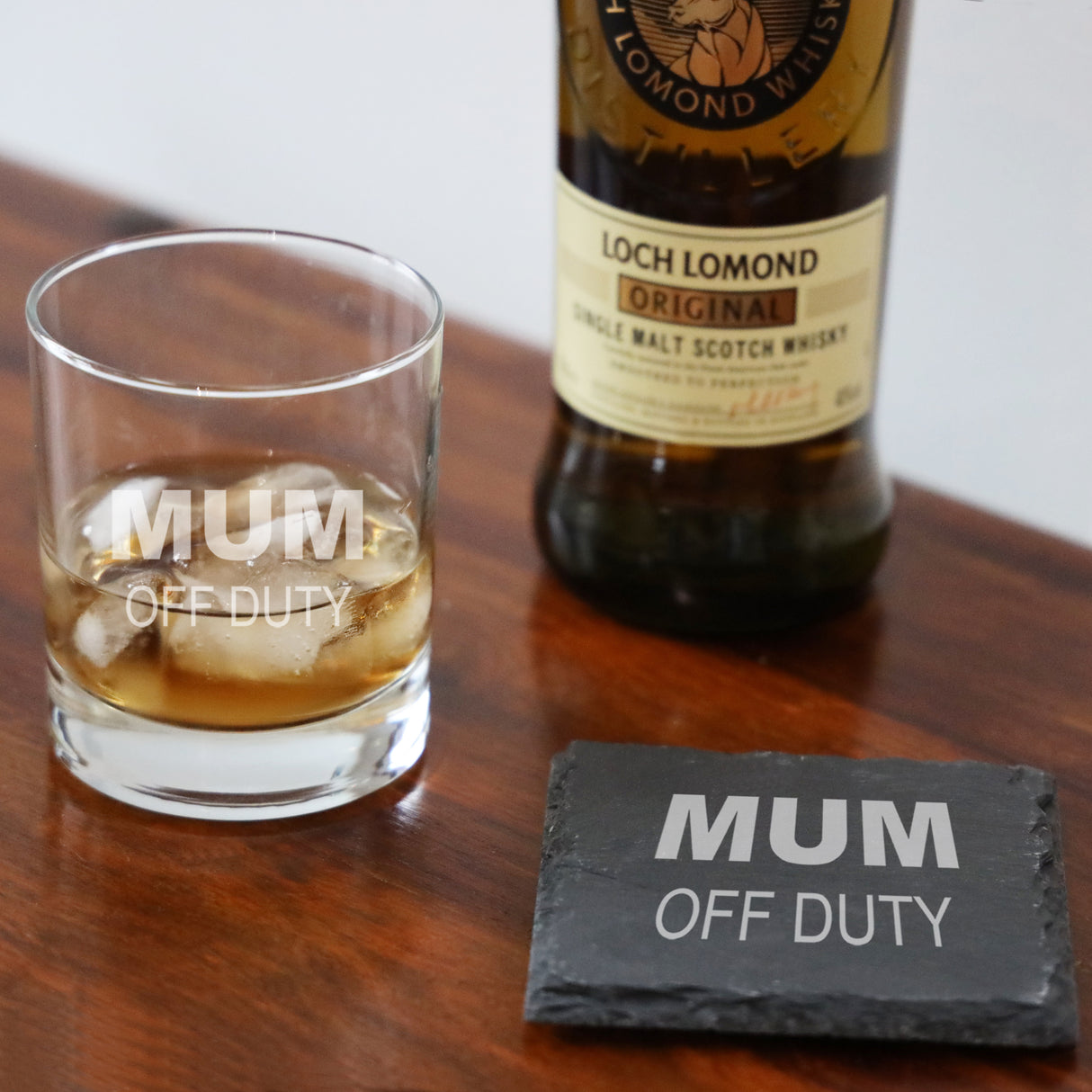 "Mum Off Duty" Novelty Engraved Whisky Glass and/or Coaster Set - Always Looking Good -