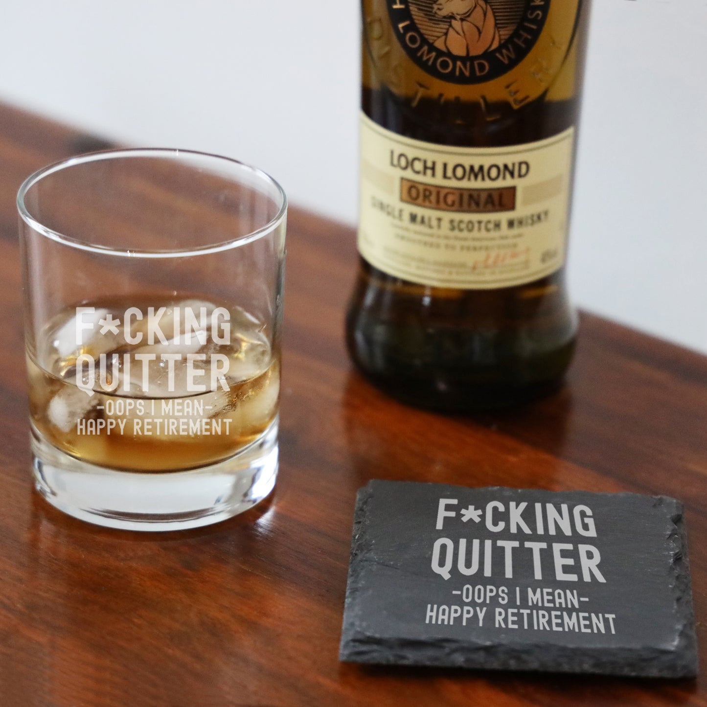 Engraved Funny "F*cking Quitter, Oops I mean Happy Retirement" Whisky Retirement Glass and/or Coaster Novelty Gift - Always Looking Good -