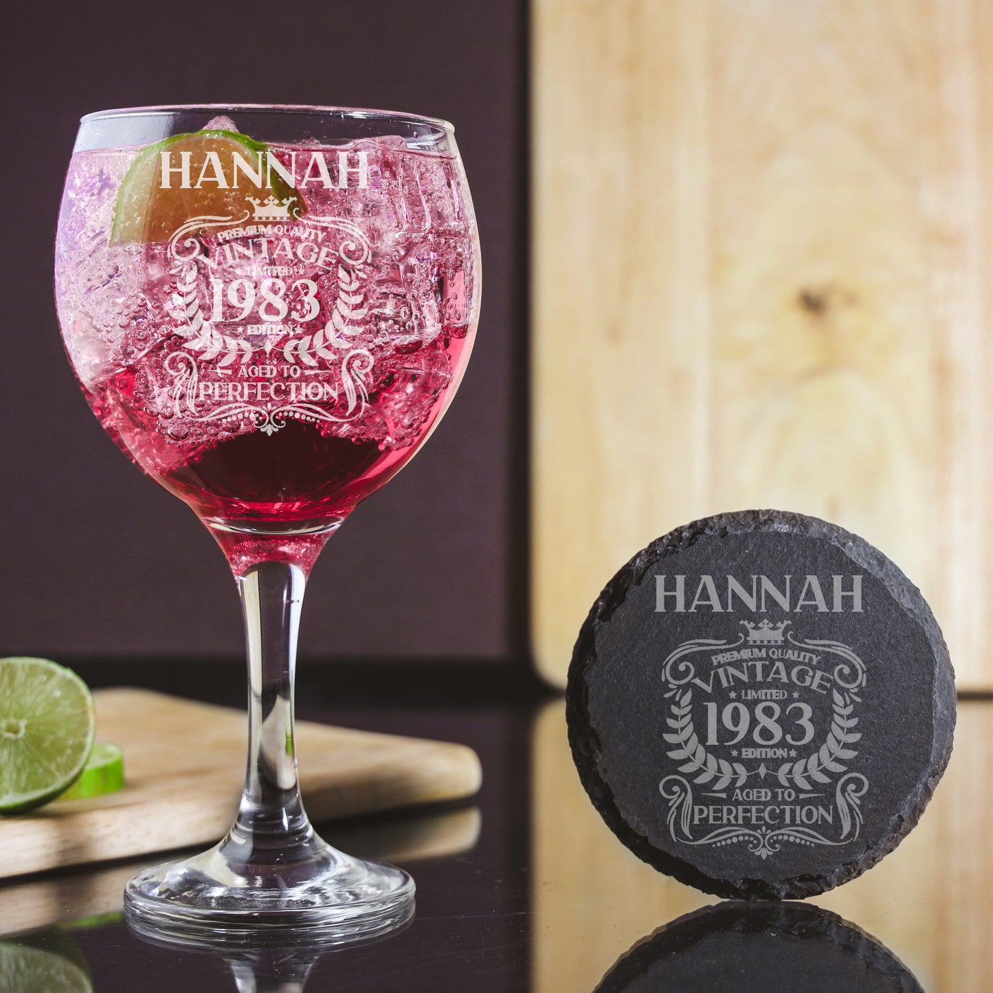 Personalised Engraved Vintage Birthday Design Glass and/or Coaster Gift - Always Looking Good - Balloon Gin Glass Glass & Round Coaster