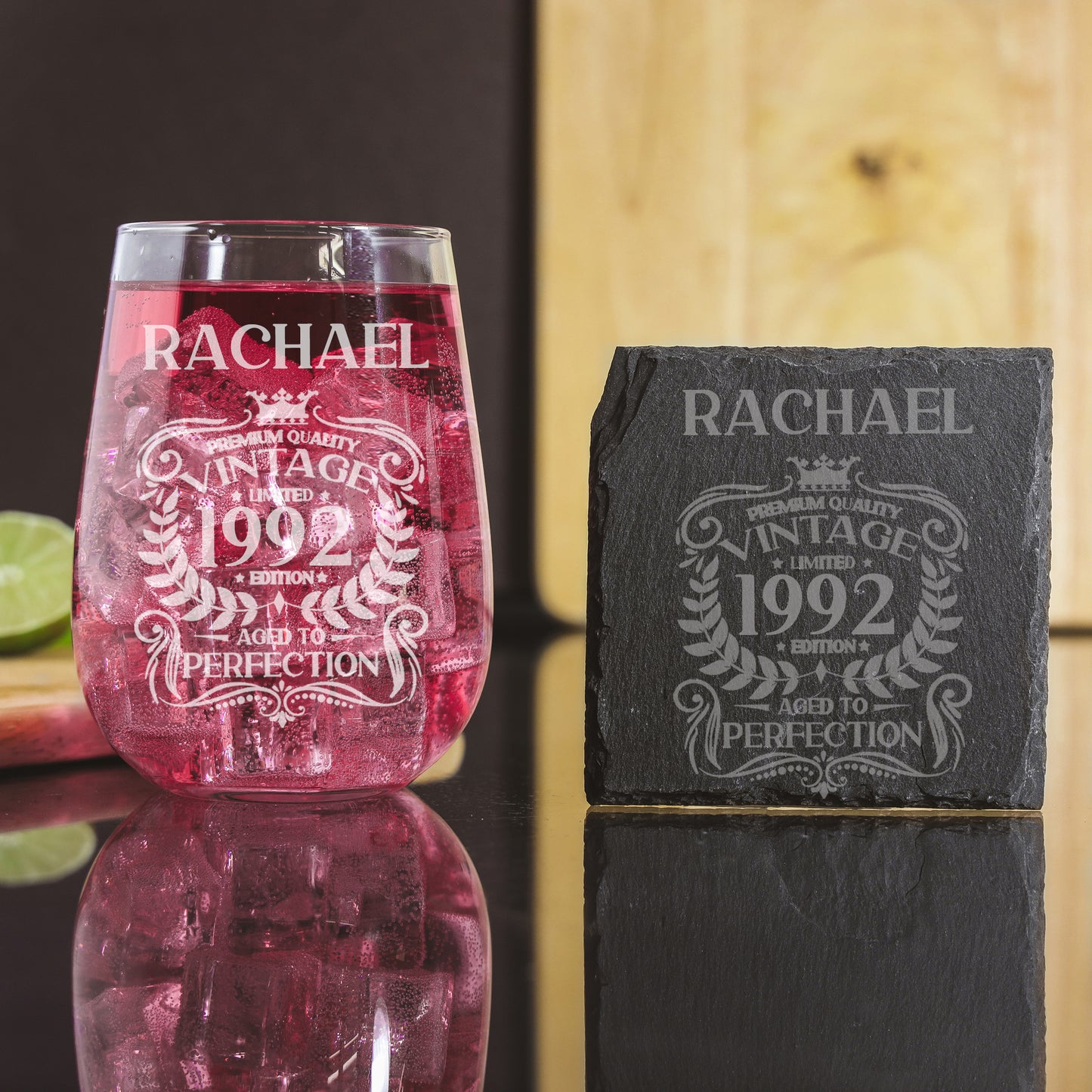 Personalised Engraved Vintage Birthday Design Glass and/or Coaster Gift - Always Looking Good - Stemless Gin Glass Glass & Square Coaster