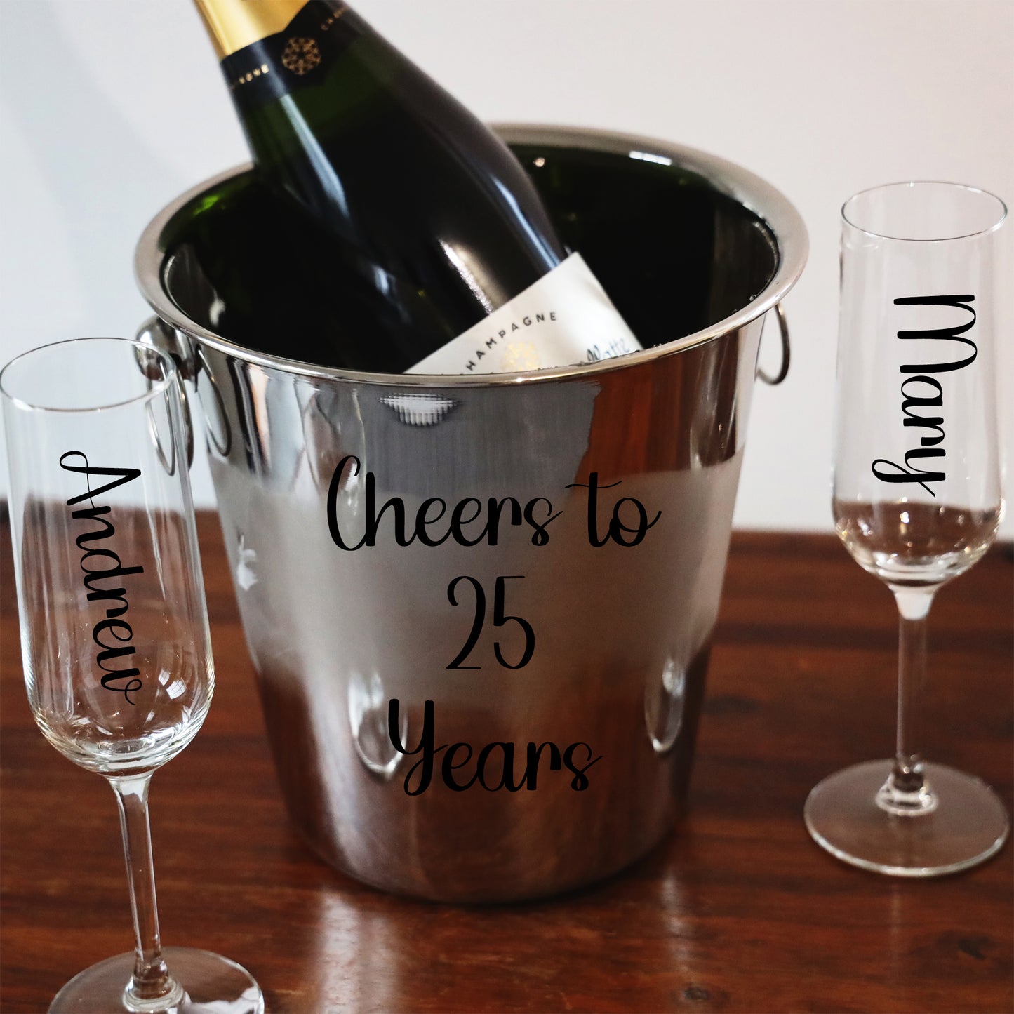 Silver Wedding Anniversary Gift - Personalised Champagne Glasses With Ice Bucket - Always Looking Good -