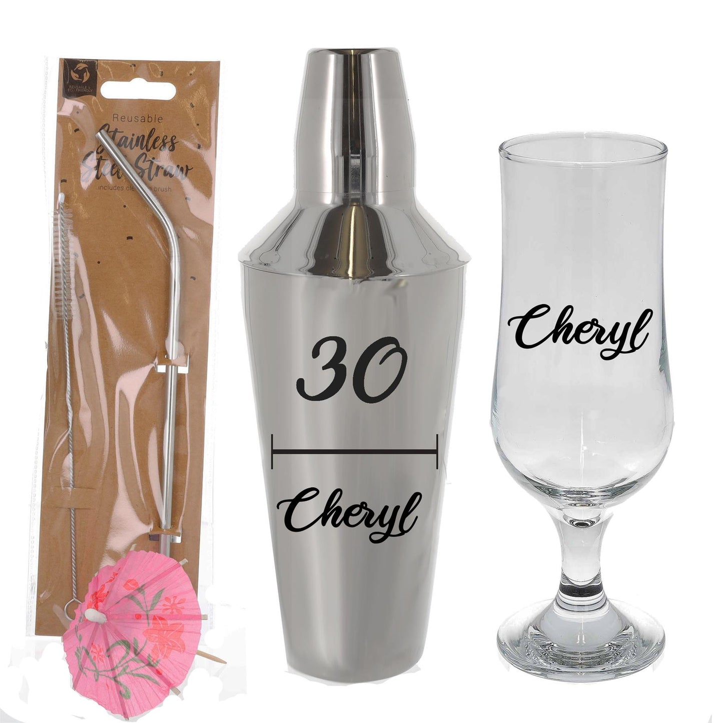 Personalised 30th Birthday Cocktail Shaker & Pina Colada Glass Gift Set - Always Looking Good -
