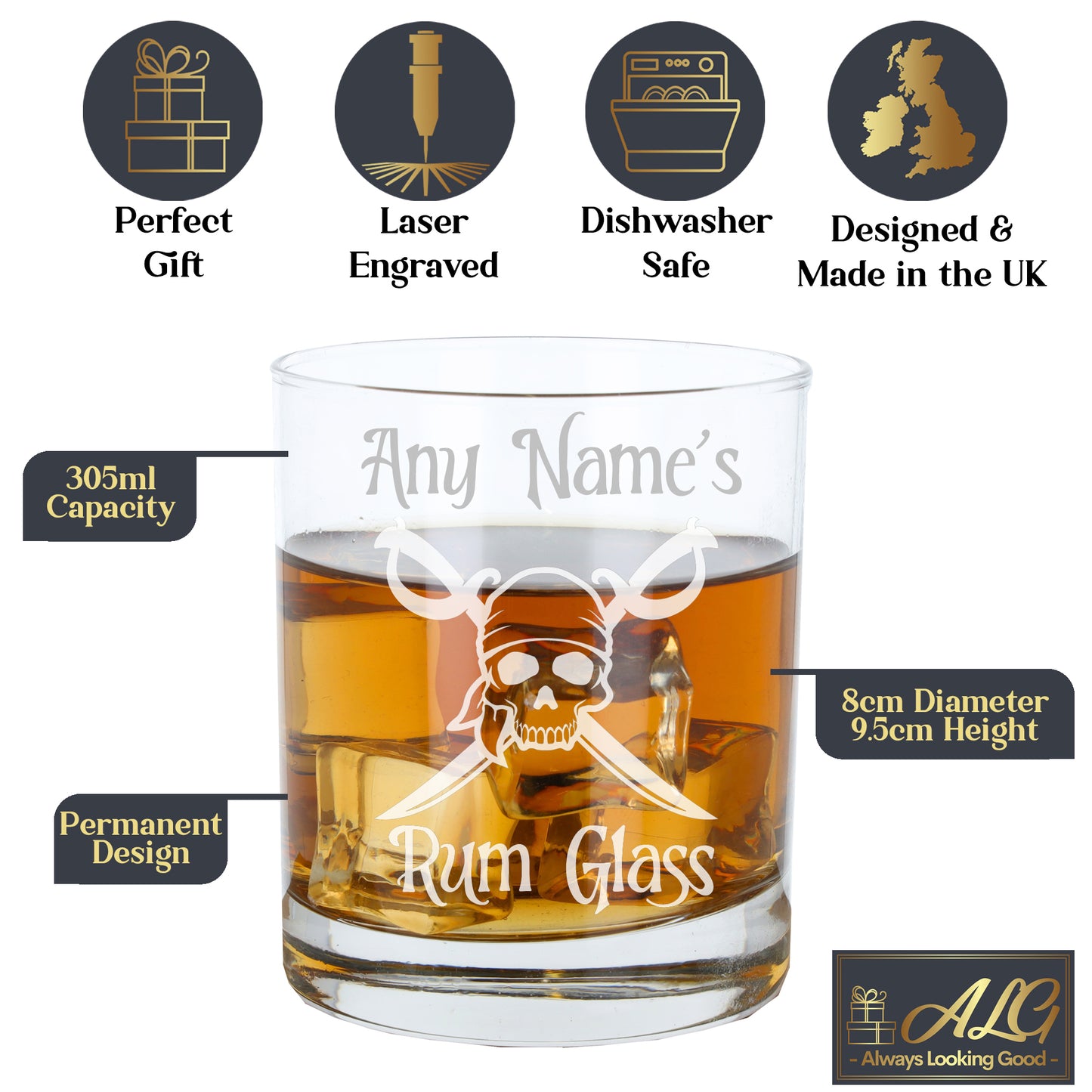 Personalised Engraved Rum Glass Skull Pirate Design - Always Looking Good -