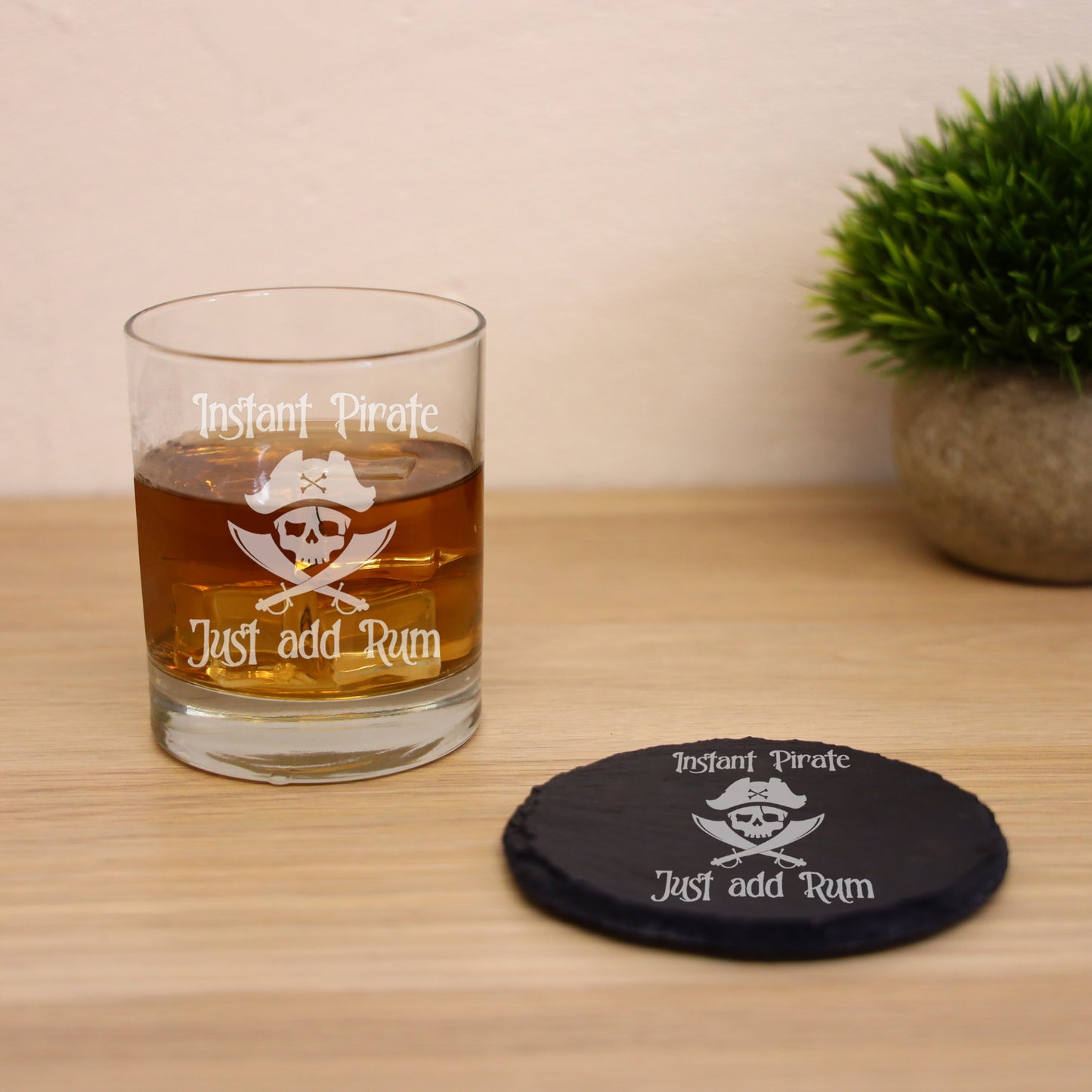 Personalised Engraved "Instant Pirate" Rum Glass and/or Coaster Set - Always Looking Good - Glass & Round Coaster