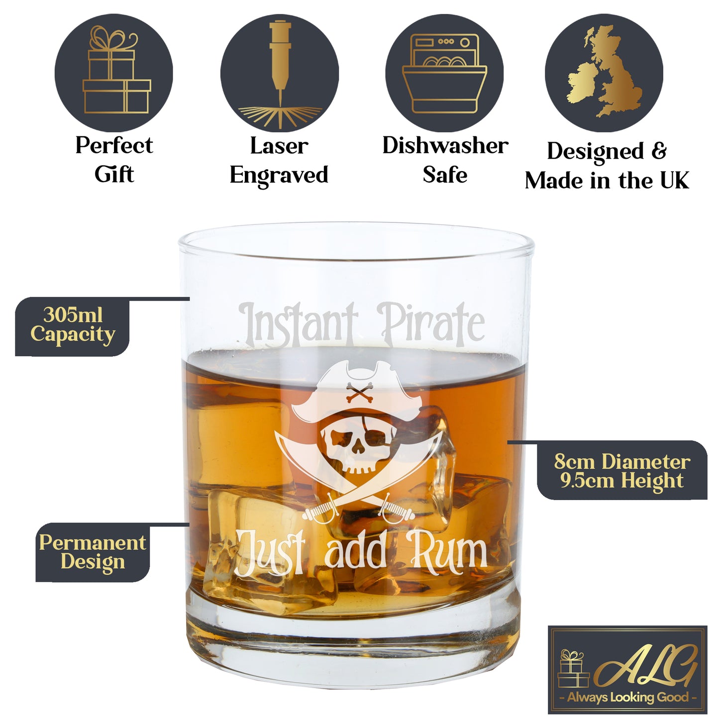 Personalised Engraved "Instant Pirate" Rum Glass and/or Coaster Set - Always Looking Good -