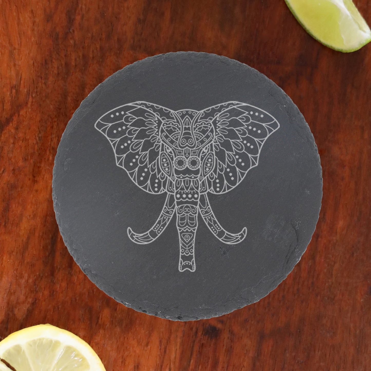 Engraved Elephant Mandala Whisky Glass and/or Coaster Set - Always Looking Good - Round Coaster Only