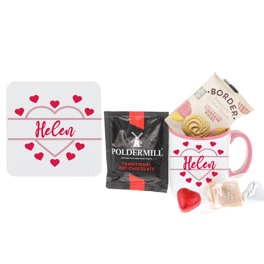 Personalised Pink Heart Design Mug and Coaster with Treats  - Always Looking Good - Hot Chocolate Filled Set