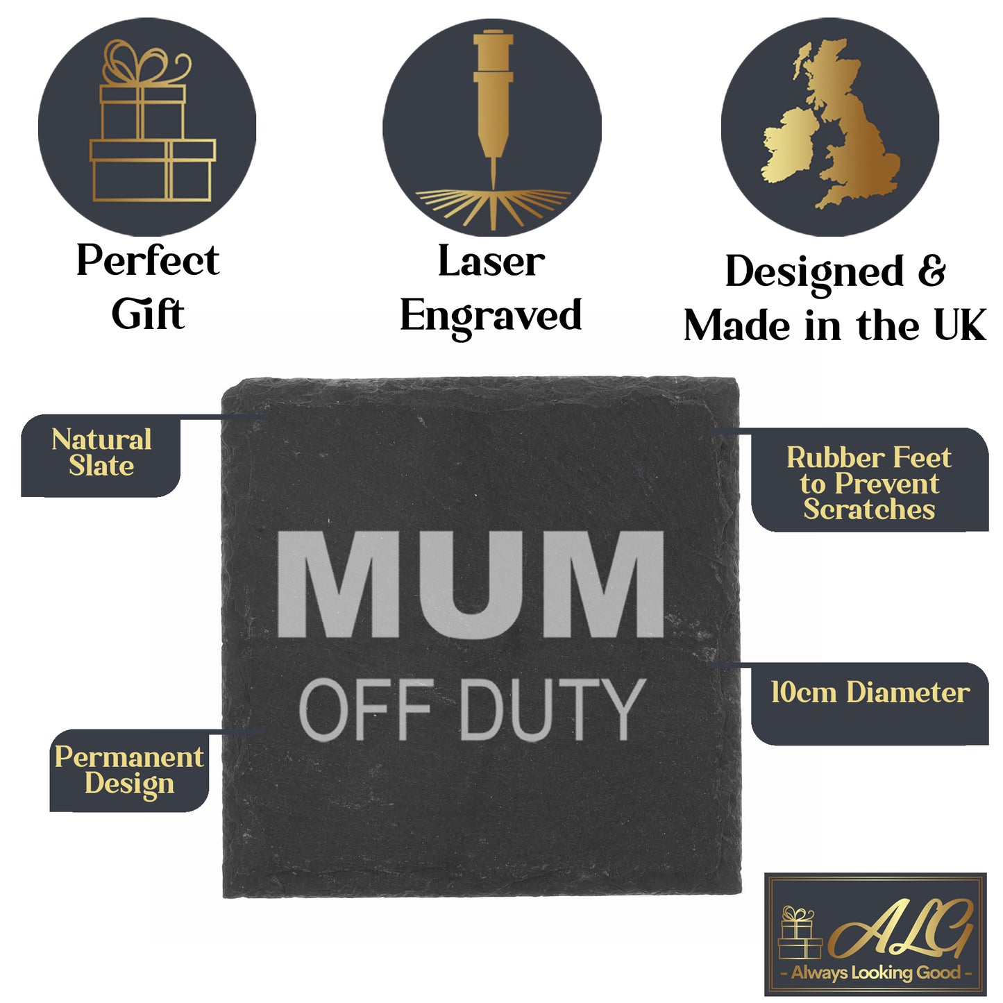 "Mum Off Duty" Novelty Engraved Whisky Glass and/or Coaster Set - Always Looking Good -