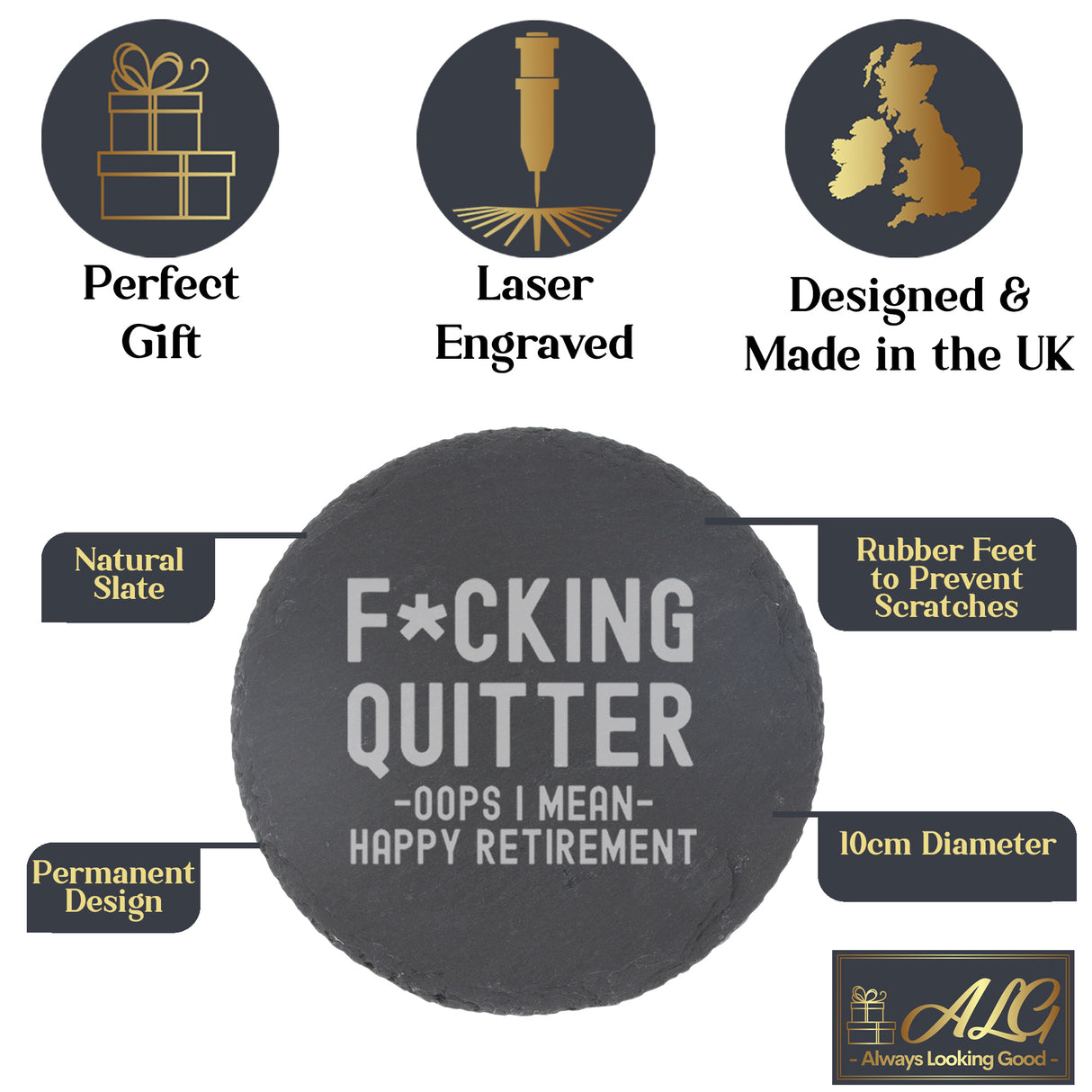 Engraved Funny "F*cking Quitter, Oops I mean Happy Retirement" Whisky Retirement Glass and/or Coaster Novelty Gift - Always Looking Good -