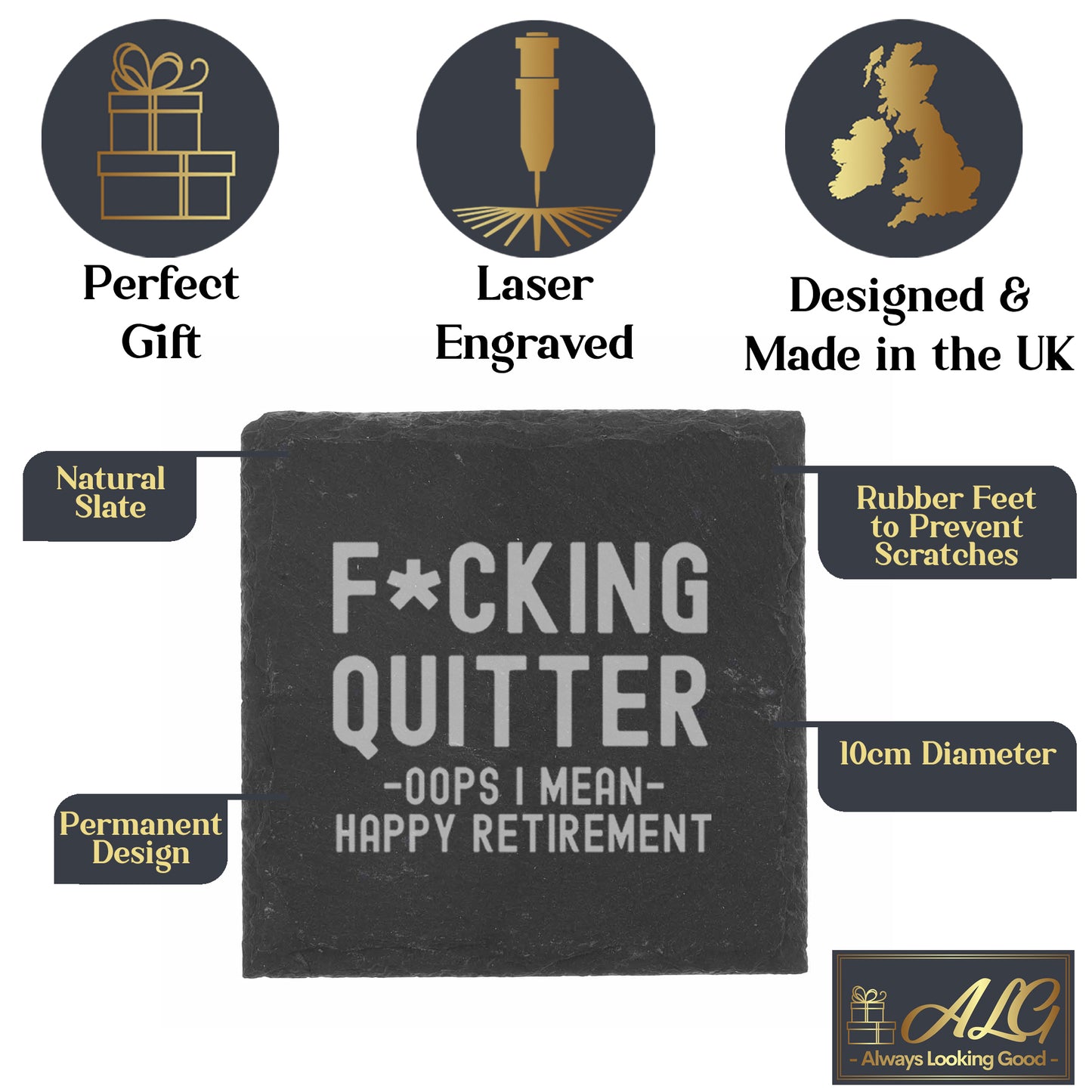 Engraved Funny "F*cking Quitter, Oops I mean Happy Retirement" Whisky Retirement Glass and/or Coaster Novelty Gift - Always Looking Good -