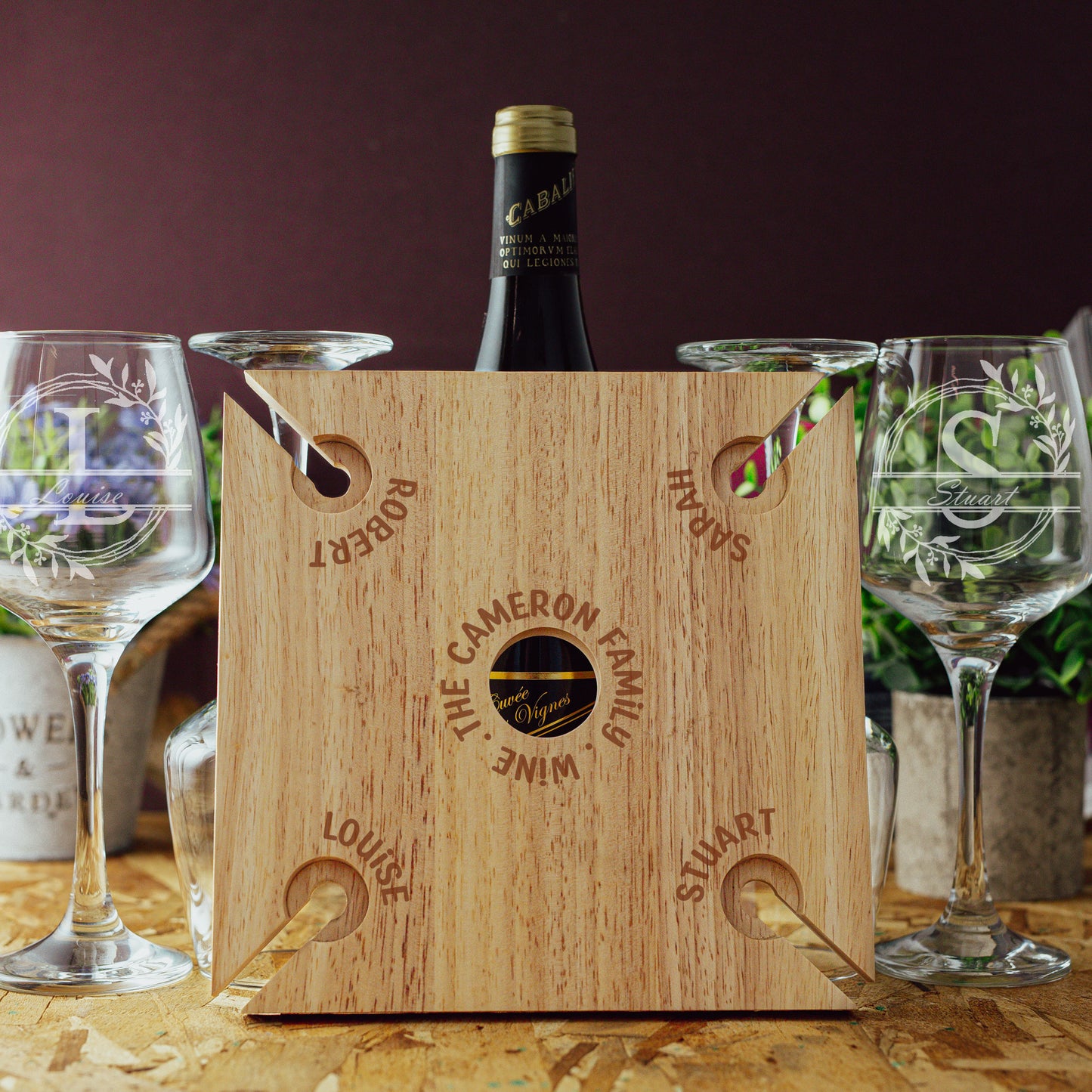 Engraved Personalised Wooden 4 Wine Glass Butler Caddy With Names - Always Looking Good - Family Names - Empty
