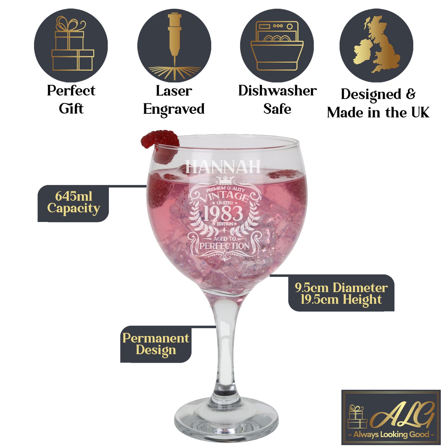 Personalised Engraved Vintage Birthday Design Glass and/or Coaster Gift - Always Looking Good - Balloon Gin Glass Glass Only