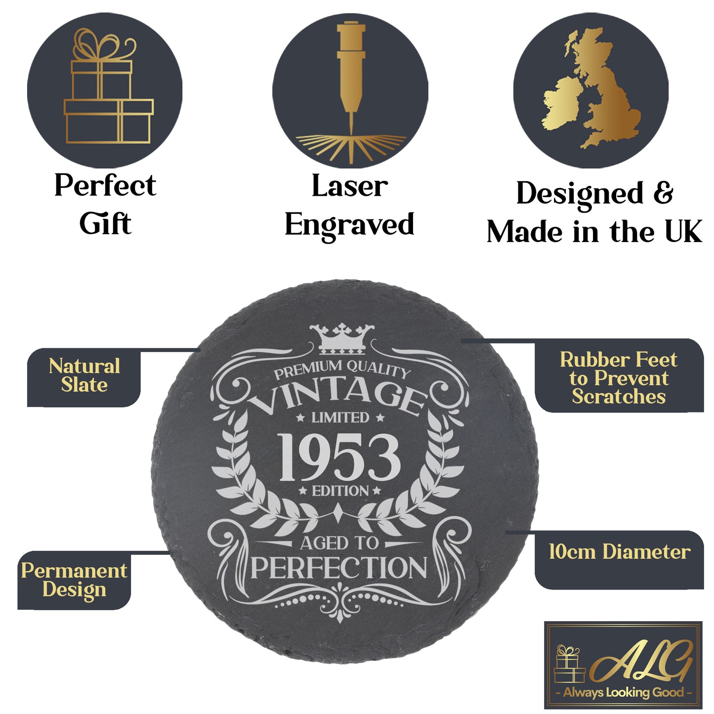 Vintage Any Year Birthday All Ages Engraved Wine Glass and/or Coaster Set - Always Looking Good -