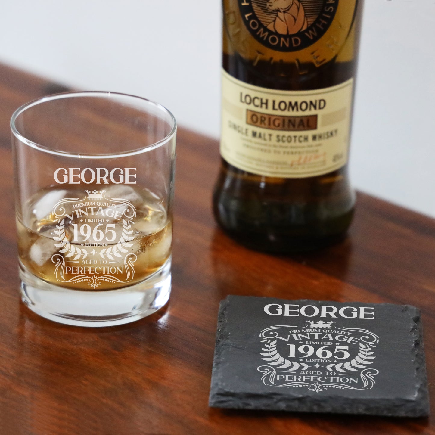 Personalised Engraved Vintage Birthday Design Glass and/or Coaster Gift - Always Looking Good - Whisky Glass Glass & Square Coaster