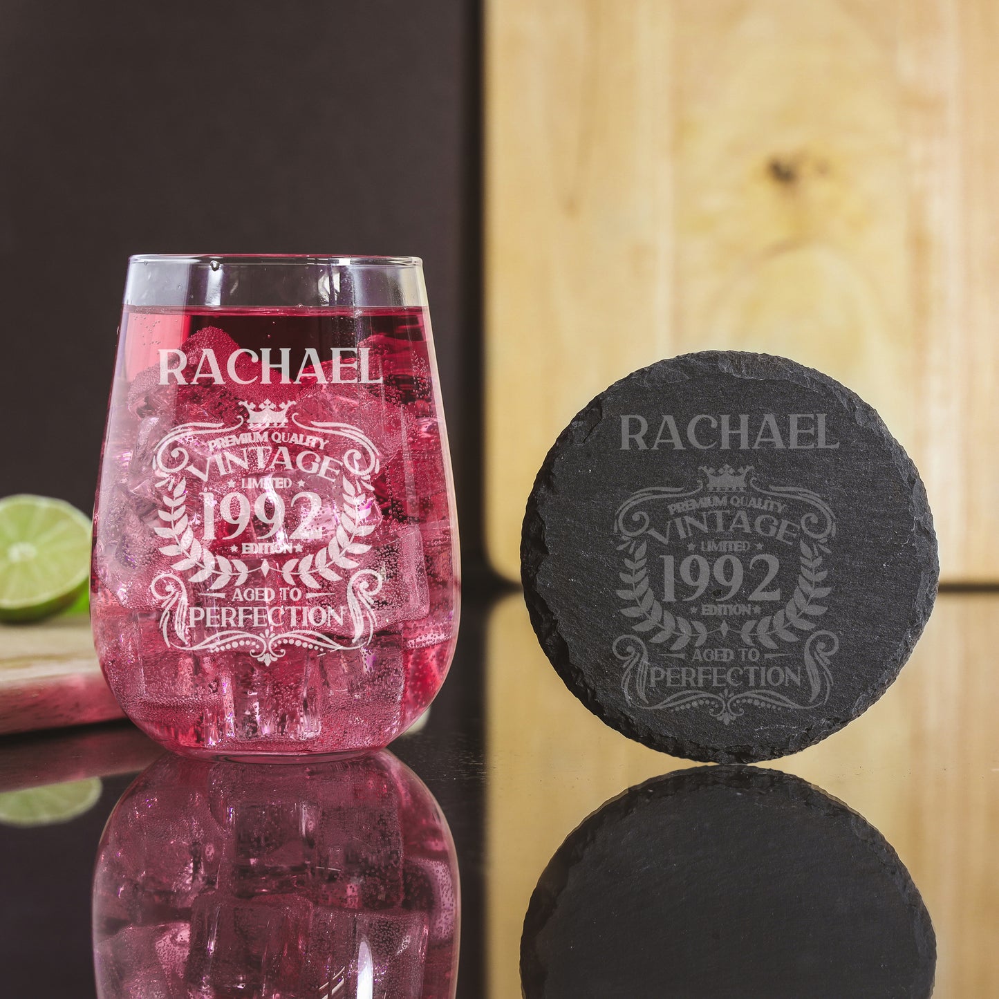 Personalised Engraved Vintage Birthday Design Glass and/or Coaster Gift - Always Looking Good - Stemless Gin Glass Glass & Round Coaster
