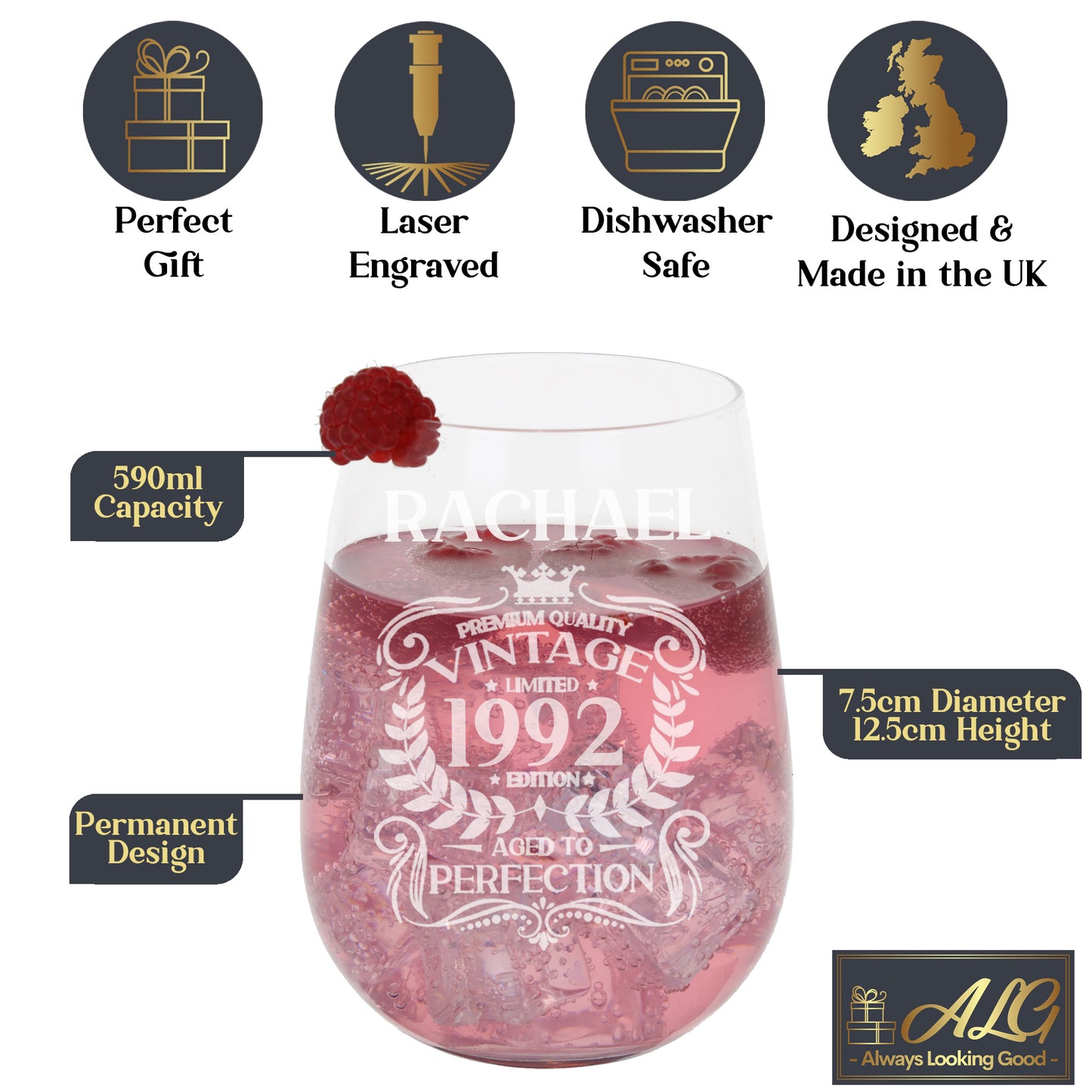 Personalised Engraved Vintage Birthday Design Glass and/or Coaster Gift - Always Looking Good - Stemless Gin Glass Glass Only
