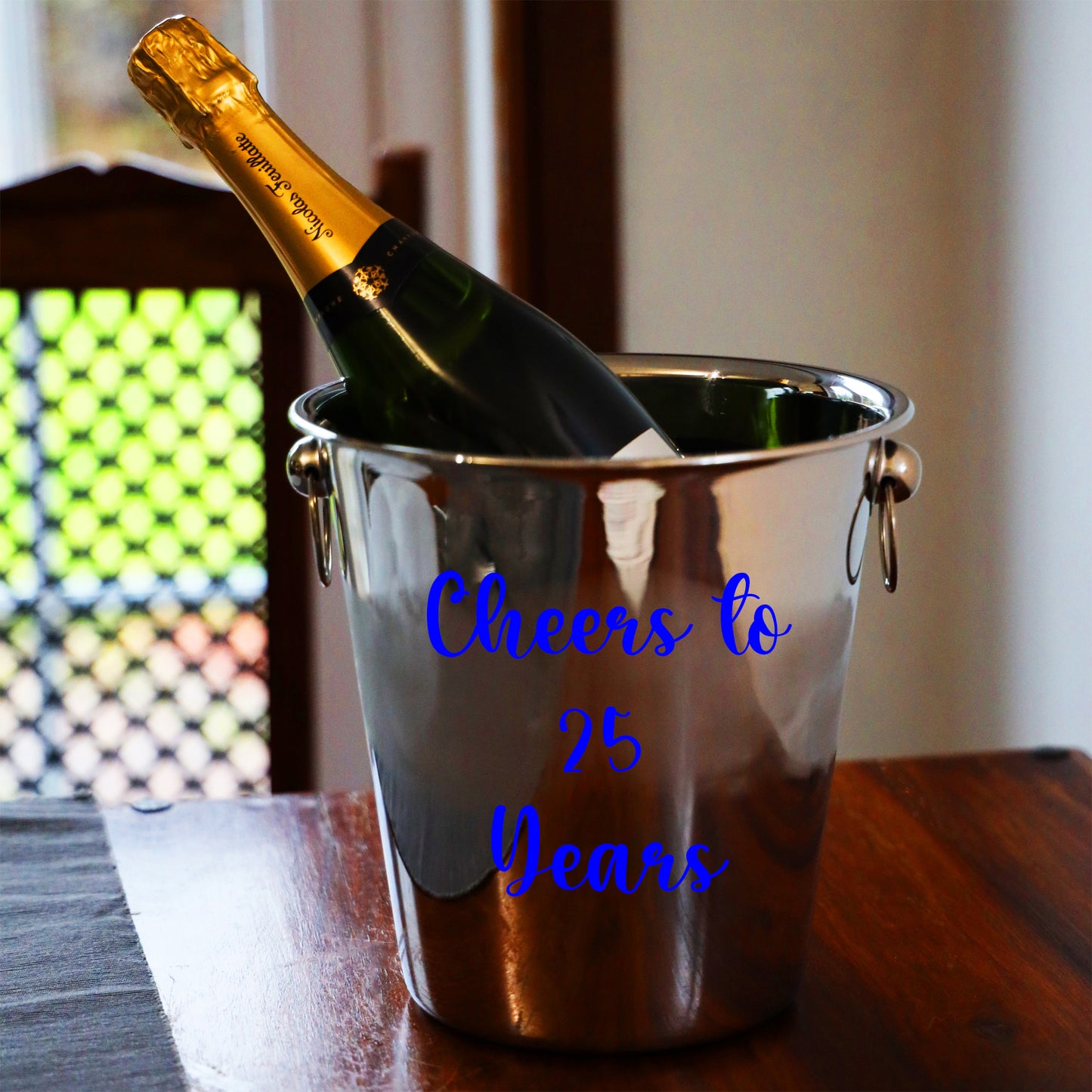 Silver Wedding Anniversary Gift - Personalised Champagne Glasses With Ice Bucket - Always Looking Good -