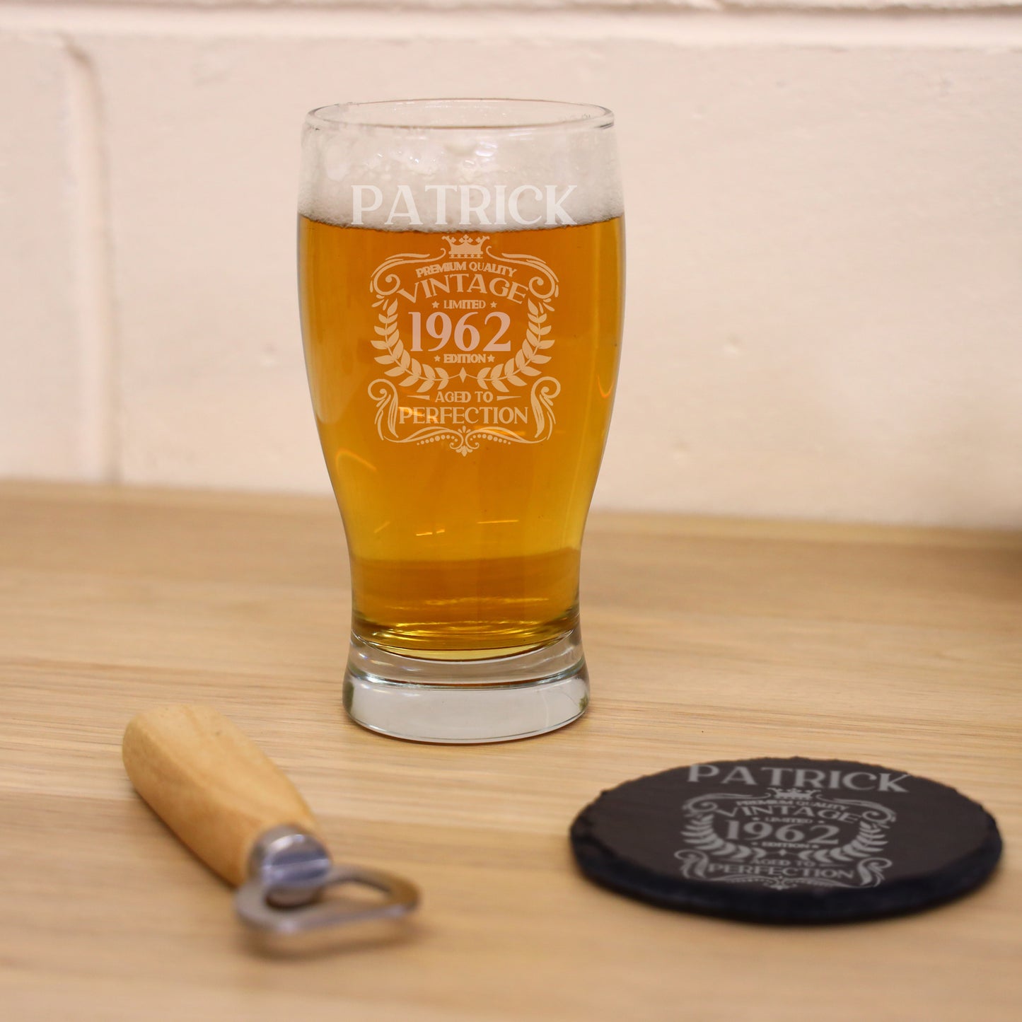 Personalised Engraved Vintage Birthday Design Glass and/or Coaster Gift - Always Looking Good - Tulip Pint Glass Glass & Round Coaster