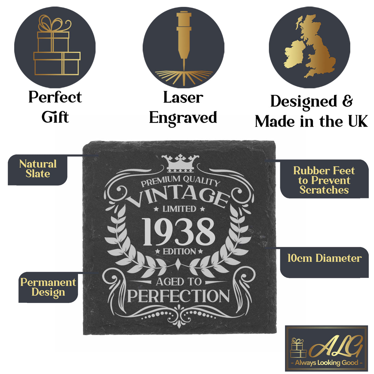Vintage Any Year Birthday All Ages Engraved Wine Glass and/or Coaster Set - Always Looking Good -