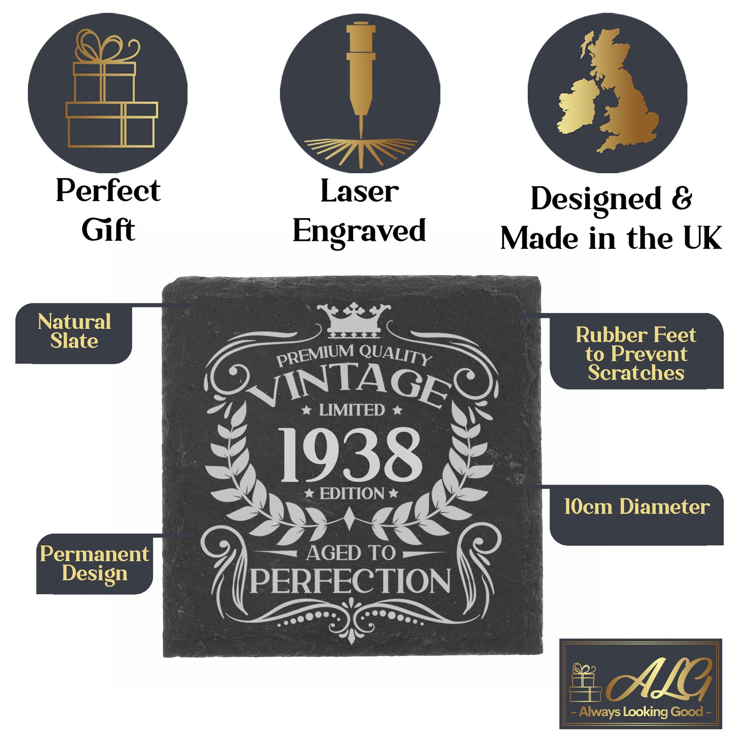 Vintage Any Year Birthday All Ages Engraved Wine Glass and/or Coaster Set - Always Looking Good -